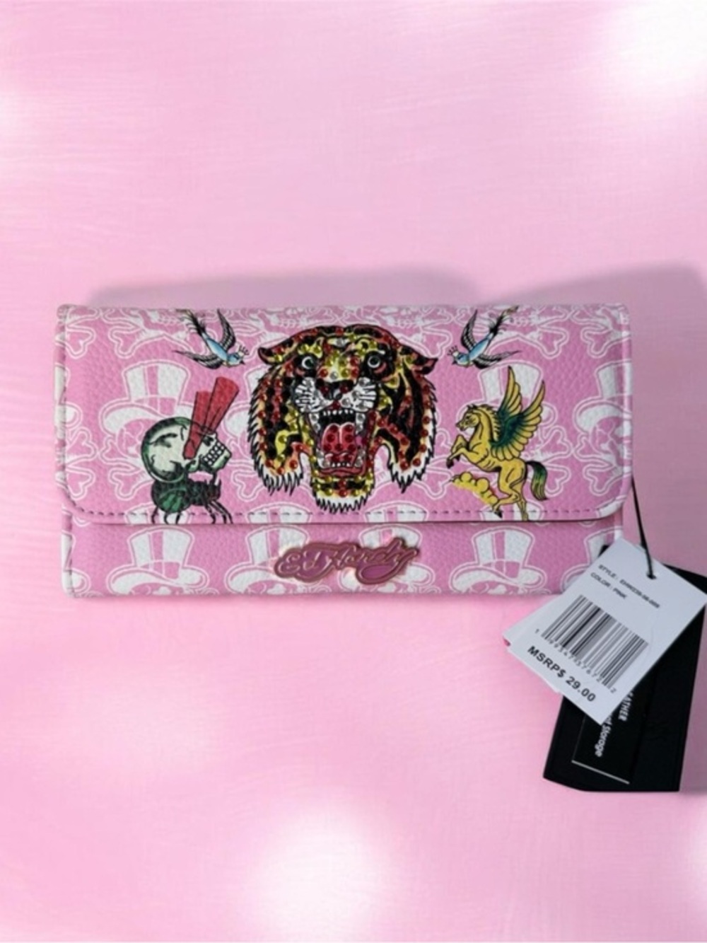 Ed Hardy Pink Tiger Rhinestone Flap Wallet